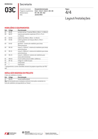 Ambientes
Respeite o Meio Ambiente.
Imprima somente o necessário
Atenção
Preserve a escala: Quando for imprimir, use
folhas A4 e desabilite a função “Fit to paper”
Secretaria
Página
4/403C Direção/Administração
Ciclo I - Ciclo II - Ciclo II + EM - EM
M3 - M6 - M9 - M12
Janeiro/2015
Conjunto funcional
Programa arquitetônico
Módulo básico
Data
Layout/Instalações
MOBILIÁRIO E EQUIPAMENTOS
Qtd. Código Discriminação
03 AR-02 armário de aço / 2 portas (90cm x 40cm - h=160cm)
08 AQ-03 arquivo para pastas suspensas (47cm x 71cm -
h=133cm)
02 CD-03 cadeira ﬁxa (40cm x 38cm - h=44cm)
04 CD-06 cadeira giratória com braços (46cm x 44cm -
h=variável)
04 GV-02 gaveteiro - sistema de mobiliário para áreas
administrativas
04 ME-20 mesa (L=750mm) - sistema de mobiliário para áreas
administrativas
01 ME-21 mesa (L=900mm) - sistema de mobiliário para áreas
administrativas
04 ME-23 mesa (L=1400mm)- sistema de mobiliário para
áreas administrativas
01 MR-03 mural multifuncional (1200 x 1200mm)
01 RP -01 relógio (h=2,00m do pio)
04 * computador
01 * impressora
* equipamentos a serem atendidos através de projetos especíﬁcos da FDE/
SEE.
NOTA A SER INSERIDA EM PROJETO
• Itens de mobiliário a instalar:
Qtd. Código Discriminação
01 MR-03 mural multifuncional
Obs. 5: Orientações para instalação conforme instruções constantes na
ﬁcha de mobiliário correspondente ou “Anexo”.
 