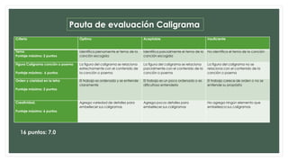 Criterio Óptimo Aceptable Insuficiente
Tema
Puntaje máximo: 2 puntos
Identifica plenamente el tema de la
canción escogida
Identifica parcialmente el tema de la
canción escogida
No identifica el tema de la canción
Figura Caligrama canción o poema
Puntaje máximo: 6 puntos
La figura del caligrama se relaciona
estrechamente con el contenido de
la canción o poema
La figura del caligrama se relaciona
parcialmente con el contenido de la
canción o poema
La figura del caligrama no se
relaciona con el contenido de la
canción o poema
Orden y claridad en la letra
Puntaje máximo: 2 puntos
El trabajo es ordenado y se entiende
claramente
El trabajo es un poco ordenado o es
dificultoso entenderlo
El trabajo carece de orden o no se
entiende su propósito
Creatividad.
Puntaje máximo: 6 puntos
Agrega variedad de detalles para
embellecer sus caligramas
Agrega pocos detalles para
embellecer sus caligramas
No agrega ningún elemento que
embellezca sus caligramas
16 puntos: 7.0
Pauta de evaluación Caligrama
 