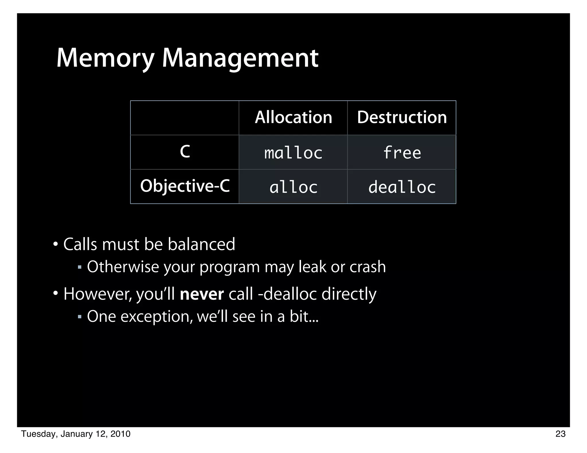 Memory Management

                                          Allocation   Destruction
                                C          malloc         free

                            Objective-C     alloc       dealloc


       • Calls must be balanced
            ■   Otherwise your program may leak or crash
       • However, you’ll never call -dealloc directly
            ■   One exception, we’ll see in a bit...




Tuesday, January 12, 2010                                            23
 