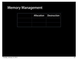Memory Management

                                          Allocation   Destruction
                                C          malloc         free

                            Objective-C    alloc        dealloc




Tuesday, January 12, 2010                                            23
 