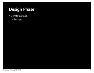 Design Phase
        • Create a class
            ■   Person




Tuesday, January 12, 2010   8
 