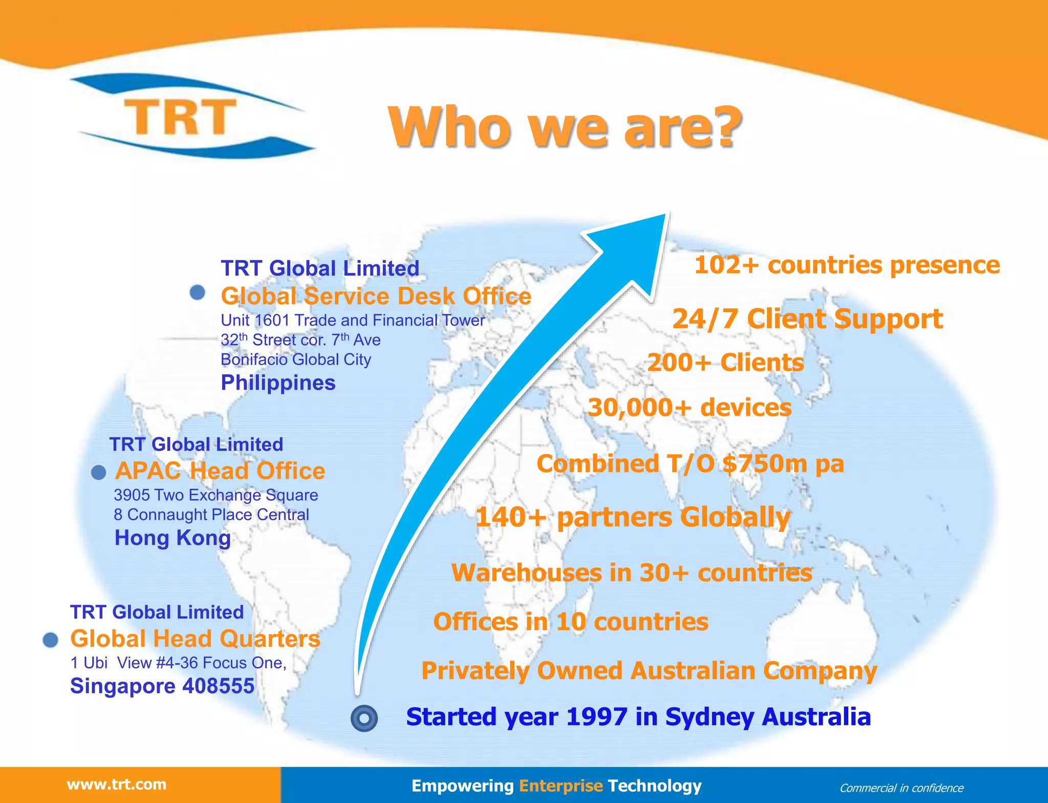 www.trt.com
Who we are?
www.trt.com Empowering Enterprise Technology Commercial in confidence
Warehouses in 30+ countries
Started year 1997 in Sydney Australia
Offices in 10 countries
140+ partners Globally
Combined T/O $750m pa
200+ Clients
30,000+ devices
102+ countries presence
24/7 Client Support
TRT Global Limited
Global Head Quarters
1 Ubi View #4-36 Focus One,
Singapore 408555
Privately Owned Australian Company
TRT Global Limited
Global Service Desk Office
Unit 1601 Trade and Financial Tower
32th Street cor. 7th Ave
Bonifacio Global City
Philippines
TRT Global Limited
APAC Head Office
3905 Two Exchange Square
8 Connaught Place Central
Hong Kong
 