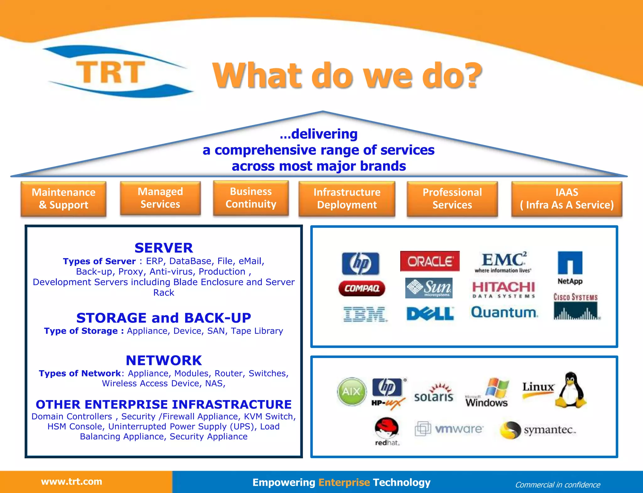 …delivering
a comprehensive range of services
across most major brands
SERVER
Types of Server : ERP, DataBase, File, eMail,
Back-up, Proxy, Anti-virus, Production ,
Development Servers including Blade Enclosure and Server
Rack
STORAGE and BACK-UP
Type of Storage : Appliance, Device, SAN, Tape Library
NETWORK
Types of Network: Appliance, Modules, Router, Switches,
Wireless Access Device, NAS,
OTHER ENTERPRISE INFRASTRACTURE
Domain Controllers , Security /Firewall Appliance, KVM Switch,
HSM Console, Uninterrupted Power Supply (UPS), Load
Balancing Appliance, Security Appliance
What do we do?
www.trt.com Empowering Enterprise Technology Commercial in confidence
Maintenance
& Support
Managed
Services
Business
Continuity
Infrastructure
Deployment
Professional
Services
IAAS
( Infra As A Service)
 