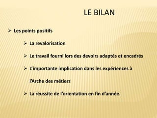 LE BILAN
 Les points positifs
 La revalorisation
 Le travail fourni lors des devoirs adaptés et encadrés
 L’importante implication dans les expériences à
l’Arche des métiers
 La réussite de l’orientation en fin d’année.
 