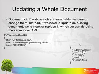 Updating a Whole Document
● Documents in Elasticsearch are immutable; we cannot
change them. Instead, if we need to update an existing
document, we reindex or replace it, which we can do using
the same index API
PUT /website/blog/123
{
"title": "My first blog entry",
"text": "I am starting to get the hang of this...",
"date": "2014/01/02"
} {
"_index": "website",
"_type": "blog",
"_id": "123",
"_version": 2,
"created": false
}
 