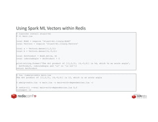 PRESENTED BY
Using Spark ML Vectors within Redis
$ luarocks install stuart-ml
$ vi main.lua
local BLAS = require 'stuart-ml.linalg.BLAS'
local Vectors = require 'stuart-ml.linalg.Vectors'
local a = Vectors.dense({1,2,3})
local b = Vectors.dense({4,-5,6})
local dotProduct = BLAS.dot(a, b)
local isAcuteAngle = dotProduct > 0
print(string.format('The dot product of [{1,2,3}, {4,-5,6}] is %d, which %s an acute angle',
dotProduct, isAcuteAngle and 'is' or 'is not'))
return dotProduct
$ lua –lamalg-redis main.lua
The dot product of [{1,2,3}, {4,-5,6}] is 12, which is an acute angle
$ amalg-redis.lua –s main.lua –o main-with-dependencies.lua –c
$ redis-cli --eval main-with-dependencies.lua 0,0
(integer) 12
 