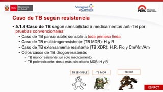 ESNPCT
Caso de TB según resistencia
• 5.1.4 Caso de TB según sensibilidad a medicamentos anti-TB por
pruebas convencionales:
• Caso de TB pansensible: sensible a toda primera línea
• Caso de TB multidrogorresistente (TB MDR): H y R
• Caso de TB extensamente resistente (TB XDR): H,R, Flq y Cm/Km/Am
• Otros casos de TB drogorresistente:
• TB monorresistente: un solo medicamento
• TB polirresistente: dos o más, sin criterio MDR: H y R
TB SENSIBLE TB MDR TB XDR
 
