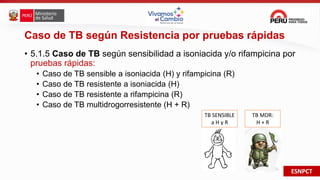 ESNPCT
Caso de TB según Resistencia por pruebas rápidas
• 5.1.5 Caso de TB según sensibilidad a isoniacida y/o rifampicina por
pruebas rápidas:
• Caso de TB sensible a isoniacida (H) y rifampicina (R)
• Caso de TB resistente a isoniacida (H)
• Caso de TB resistente a rifampicina (R)
• Caso de TB multidrogorresistente (H + R)
TB SENSIBLE
a H y R
TB MDR:
H + R
 
