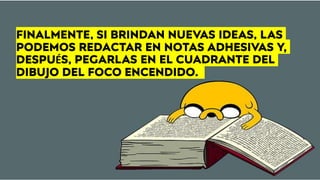FINALMENTE, SI BRINDAN NUEVAS IDEAS, LAS
PODEMOS REDACTAR EN NOTAS ADHESIVAS Y,
DESPUÉS, PEGARLAS EN EL CUADRANTE DEL
DIBUJO DEL FOCO ENCENDIDO.
 