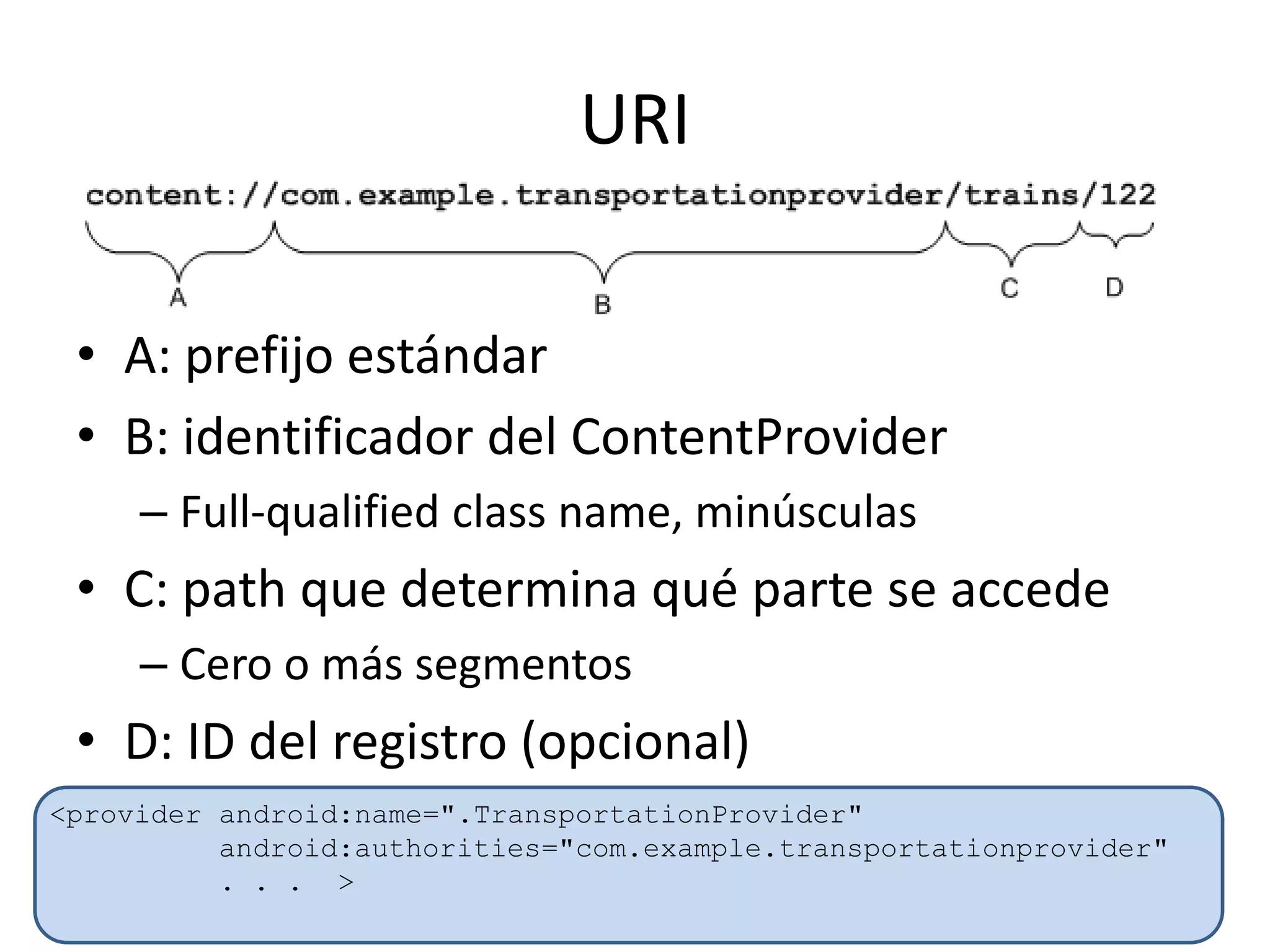 URI
• A: prefijo estándar
• B: identificador del ContentProvider
– Full-qualified class name, minúsculas
• C: path que determina qué parte se accede
– Cero o más segmentos
• D: ID del registro (opcional)
<provider android:name=".TransportationProvider"
android:authorities="com.example.transportationprovider"
. . . >
 