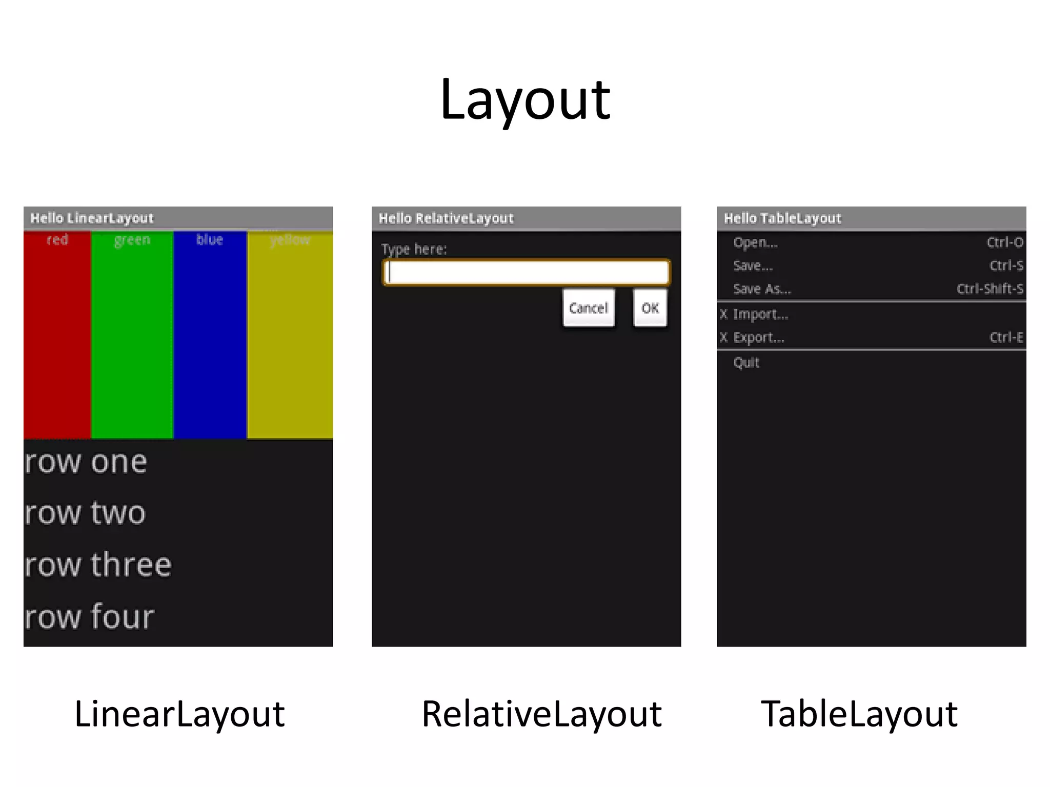 Layout
LinearLayout RelativeLayout TableLayout
 