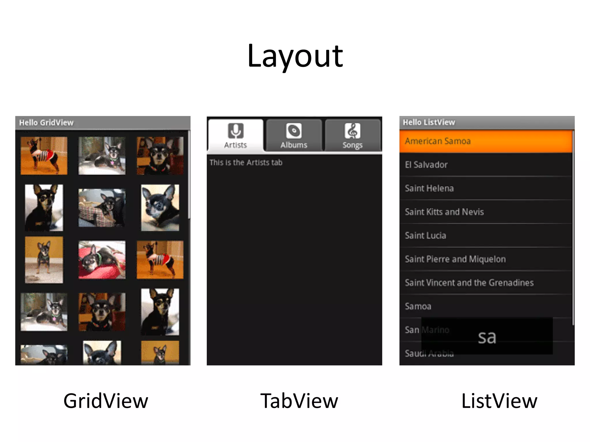 Layout
GridView TabView ListView
 