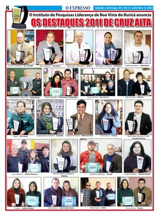 8                                                                                   O EXPRESSO                                Sábado e domingo, 03 e 04 de setembro de 2011

                              O Instituto de Pesquisas Liderança de Boa Vista do Buricá anuncia

                                 OS DESTAQUES 2011 DE CRUZ ALTA



Escritório Borghetti - Esc. Contábil       Sônia de Bortoli - Vereadora              Paulo César T. Macagnan - Médico         Ana Paula B. Pimentel - Enfermeira   Laboratório Bisso - Laboratório




 Santo Antonio e Wag Placas - Despachante          Tulipa Decorações - Floricultura e Decorações                  Espeto de Ouro - Churrascaria                    Café de Minas - Cafeteria




       Vargas - Auto-peças             Zuppy Bijuterias e Acessórios - Acessórios   Essencial Formaturas - Eventos em Geral        Terra Gaúcha - Fruteira            Dent & Dent Clóvis de O. Telle
                                                                                                                                                                          - Cirurgião Dentista




     Chico Mecânica - Oficina Mecânica                           Marina Wayhs Macagnan -                              Jornal O Expresso - Jornal                   Angel Modas - Moda Íntima
                                                                         Médica




         Cabezas - Salão de Beleza                       Mundy Artes - Comunicação Visual                             Rádio Popular - Rádio                         Cia das Pizzas - Pizzaria
 