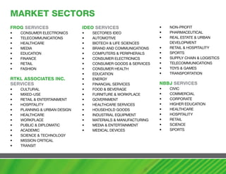 maRKET SEcTORS
FROG SERvIcES                 IDEO SERvIcES                   •   NON-PROFIT
•   CONSUMER ELECTRONICS      •   SECTORES IDEO               •   PHARMACEUTICAL
•   TELECOMMUNICATIONS        •   AUTOMOTIVE                  •   REAL ESTATE & URBAN
•   HEALTHCARE                •   BIOTECH & LIFE SCIENCES         DEVELOPMENT
•   MEDIA                     •   BRAND AND COMMUNICATIONS    •   RETAIL & HOSPITALITY
•   EDUCATION                 •   COMPUTERS & PERIPHERALS     •   SPORTS
•   FINANCE                   •   CONSUMER ELECTRONICS        •   SUPPLY CHAIN & LOGISTICS
•   RETAIL                    •   CONSUMER GOODS & SERVICES   •   TELECOMMUNICATIONS
•   FASHION                   •   CONSUMER HEALTH             •   TOYS & GAMES
                              •   EDUCATION                   •   TRANSPORTATION
RTKL aSSOcIaTES INc.          •   ENERGY
SERvIcES                      •   FINANCIAL SERVICES          NBBJ SERvIcES
•   CULTURAL                  •   FOOD & BEVERAGE             •   CIVIC
•   MIXED-USE                 •   FURNITURE & WORKPLACE       •   COMMERCIAL
•   RETAIL & ENTERTAINMENT    •   GOVERNMENT                  •   CORPORATE
•   HOSPITALITY               •   HEALTHCARE SERVICES         •   HIGHER EDUCATION
•   PLANNING & URBAN DESIGN   •   HOUSEHOLD GOODS             •   HEALTHCARE
•   HEALTHCARE                •   INDUSTRIAL EQUIPMENT        •   HOSPITALITY
•   WORKPLACE                 •   MATERIALS & MANUFACTURING   •   RETAIL
•   PUBLIC & DIPLOMATIC       •   MEDIA & ENTERTAINMENT       •   SCIENCE
•   ACADEMIC                  •   MEDICAL DEVICES             •   SPORTS
•   SCIENCE & TECHNOLOGY
•   MISSION CRITICAL
•   TRANSIT
 