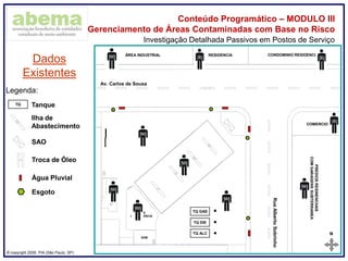 ® copyright 2009. PIA (São Paulo, SP)
Conteúdo Programático – MODULO III
Gerenciamento de Áreas Contaminadas com Base no Risco
N
02,55,0m
ABCDEFGHI
TQ ALC
TQ GAS
TQ DIE
LOJA
CONVENIÊNCIA
ADM
ÁREA INDUSTRIAL RESIDENCIA CONDOMINIO RESIDENCIAL
PREDIOSRESINENCIIAIS
COMGARAGENSSUBTERRANEA
COMERCIO
Av. Carlos de Sousa
RuaAlbertoSobrinho
Investigação Detalhada Passivos em Postos de Serviço
Dados
Existentes
Legenda:
TQ Tanque
Ilha de
Abastecimento
SAO
Troca de Óleo
Água Pluvial
Esgoto
 
