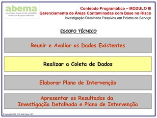 ® copyright 2009. PIA (São Paulo, SP)
Conteúdo Programático – MODULO III
Gerenciamento de Áreas Contaminadas com Base no Risco
Investigação Detalhada Passivos em Postos de Serviço
Reunir e Avaliar os Dados Existentes
Realizar a Coleta de Dados
Elaborar Plano de Intervenção
Apresentar os Resultados da
Investigação Detalhada e Plano de Intervenção
ESCOPO TÉCNICO
 