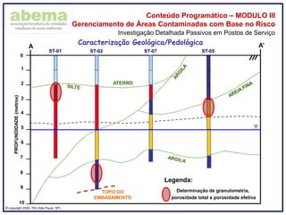 ® copyright 2009. PIA (São Paulo, SP)
Conteúdo Programático – MODULO III
Gerenciamento de Áreas Contaminadas com Base no Risco
Investigação Detalhada Passivos em Postos de Serviço
0
1
2
3
4
5
6
7
8
PROFUNDIDADE(metros)
ST-01
A A’
ST-02 ST-07 ST-05
ATERRO
Legenda:
Determinação de granulometria,
porosidade total e porosidade efetiva
9
10
TOPO DO
EMBASAMENTO
TOPO DO
EMBASAMENTO
Caracterização Geológica/Pedológica
 