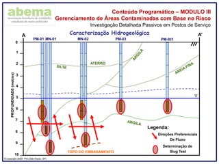 ® copyright 2009. PIA (São Paulo, SP)
Conteúdo Programático – MODULO III
Gerenciamento de Áreas Contaminadas com Base no Risco
Investigação Detalhada Passivos em Postos de Serviço
0
1
2
3
4
5
6
7
8
PROFUNDIDADE(metros)
A A’
ATERRO
9
10
Legenda:
Determinação de
Slug Test
Direções Preferenciais
De Fluxo
TOPO DO EMBASAMENTO
Caracterização Hidrogeológica
MN-02MN-01 PM-03 PM-011PM-01
 
