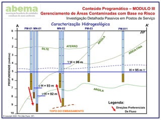 ® copyright 2009. PIA (São Paulo, SP)
Conteúdo Programático – MODULO III
Gerenciamento de Áreas Contaminadas com Base no Risco
Investigação Detalhada Passivos em Postos de Serviço
0
1
2
3
4
5
6
7
8
PROFUNDIDADE(metros)
A A’
ATERRO
9
10
Legenda:
Direções Preferenciais
De FluxoTOPO DO EMBASAMENTO
Caracterização Hidrogeológica
H = 92 m
H = 93 m
H = 96 m
H = 95 m
MN-02MN-01 PM-03 PM-011PM-01
 