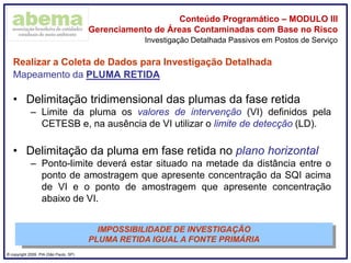 ® copyright 2009. PIA (São Paulo, SP)
Conteúdo Programático – MODULO III
Gerenciamento de Áreas Contaminadas com Base no Risco
Realizar a Coleta de Dados para Investigação Detalhada
Mapeamento da PLUMA RETIDA
• Delimitação tridimensional das plumas da fase retida
– Limite da pluma os valores de intervenção (VI) definidos pela
CETESB e, na ausência de VI utilizar o limite de detecção (LD).
• Delimitação da pluma em fase retida no plano horizontal
– Ponto-limite deverá estar situado na metade da distância entre o
ponto de amostragem que apresente concentração da SQI acima
de VI e o ponto de amostragem que apresente concentração
abaixo de VI.
Investigação Detalhada Passivos em Postos de Serviço
IMPOSSIBILIDADE DE INVESTIGAÇÃO
PLUMA RETIDA IGUAL A FONTE PRIMÁRIA
 