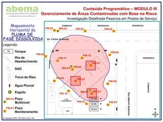 ® copyright 2009. PIA (São Paulo, SP)
Conteúdo Programático – MODULO III
Gerenciamento de Áreas Contaminadas com Base no Risco
Investigação Detalhada Passivos em Postos de Serviço
Legenda:
TQ Tanque
Ilha de
Abastecimento
SAO
N
02,55,0m
ABCDEFGHI
TQ ALC
TQ GAS
TQ DIE
LOJA
CONVENIÊNCIA
ADM
COMERCIO RESIDENCIA RESIDENCIA
COMERCIO
RESIDENCIA
Av. Carlos de Sousa
RuaAlbertoSobrinho
Troca de Óleo
PM-01
PM-02
PM-06
PM-05
PM-03PM-04
PM-01 Poço
Monitoramento
Água Pluvial
Esgoto PM-01
Mapeamento
Horizontal da
PLUMA DE
FASE DISSOLVIDA
MN-01 Poço
Multinível
MN-01
MN-02
PM-02
PM-02
PM-02 PM-02MN-03
PM-11
PM-10
PM-09
PM-08
PM-07
PM-12
 