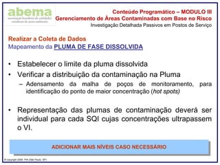 ® copyright 2009. PIA (São Paulo, SP)
Conteúdo Programático – MODULO III
Gerenciamento de Áreas Contaminadas com Base no Risco
Realizar a Coleta de Dados
Mapeamento da PLUMA DE FASE DISSOLVIDA
• Estabelecer o limite da pluma dissolvida
• Verificar a distribuição da contaminação na Pluma
– Adensamento da malha de poços de monitoramento, para
identificação do ponto de maior concentração (hot spots)
• Representação das plumas de contaminação deverá ser
individual para cada SQI cujas concentrações ultrapassem
o VI.
Investigação Detalhada Passivos em Postos de Serviço
ADICIONAR MAIS NÍVEIS CASO NECESSÁRIO
 