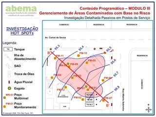 ® copyright 2009. PIA (São Paulo, SP)
Conteúdo Programático – MODULO III
Gerenciamento de Áreas Contaminadas com Base no Risco
Investigação Detalhada Passivos em Postos de Serviço
Legenda:
TQ Tanque
Ilha de
Abastecimento
SAO
N
02,55,0m
ABCDEFGHI
TQ ALC
TQ GAS
TQ DIE
LOJA
CONVENIÊNCIA
ADM
COMERCIO RESIDENCIA RESIDENCIA
COMERCIO
RESIDENCIA
Av. Carlos de Sousa
RuaAlbertoSobrinho
Troca de Óleo
PM-01
PM-02
PM-06
PM-05
PM-03PM-04
PM-01 Poço
Monitoramento
Água Pluvial
Esgoto PM-01
INVESTIGAÇÃO
HOT SPOTs
MN-01 Poço
Multinível
MN-01
MN-02
PM-11
PM-10
PM-09
PM-08
PM-07
PM-12
B
B’
 