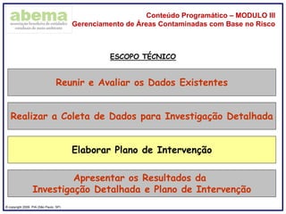 ® copyright 2009. PIA (São Paulo, SP)
Conteúdo Programático – MODULO III
Gerenciamento de Áreas Contaminadas com Base no Risco
Reunir e Avaliar os Dados Existentes
Realizar a Coleta de Dados para Investigação Detalhada
Elaborar Plano de Intervenção
Apresentar os Resultados da
Investigação Detalhada e Plano de Intervenção
ESCOPO TÉCNICO
 