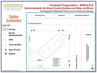 ® copyright 2009. PIA (São Paulo, SP)
Conteúdo Programático – MODULO III
Gerenciamento de Áreas Contaminadas com Base no Risco
Investigação Detalhada Passivos em Postos de Serviço
Dados
Existentes
Legenda:
TQ Tanque
Ilha de
Abastecimento
SAO
N
02,55,0m
ABCDEFGHI
TQ ALC
TQ GAS
TQ DIE
LOJA
CONVENIÊNCIA
ADM
ÁREA INDUSTRIAL RESIDENCIA CONDOMINIO RESIDENCIAL
PREDIOSRESINENCIIAIS
COMGARAGENSSUBTERRANEA
COMERCIO
Av. Carlos de Sousa
RuaAlbertoSobrinho
Troca de Óleo
Água Pluvial
Esgoto
 