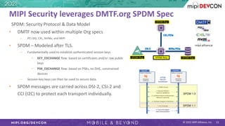 © 2021 MIPI Alliance, Inc. 21
MIPI Security leverages DMTF.org SPDM Spec
• DMTF now used within multiple Org specs
– PCI-SIG, CXL, NVMe, and MIPI
• SPDM – Modeled after TLS.
– Fundamentally used to establish authenticated session keys
• KEY_EXCHANGE flow: based on certificates and/or raw public
keys
• PSK_EXCHANGE flow: based on PSKs, no DHE, constrained
devices
– Session-key keys can then be used to secure data.
• SPDM messages are carried across DSI-2, CSI-2 and
CCI (I2C) to protect each transport individually.
SPDM Rsp SPDM Req SPDM Rsp
SPDM Rsp
NVMe/PCIe
CSI-2
CXL/PCIe
SPDM 1.0
SPDM 1.1
SPDM
secure
handshake
21
SPDM: Security Protocol & Data Model
 