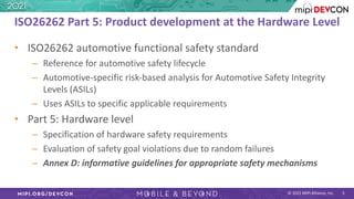 © 2021 MIPI Alliance, Inc. 5
ISO26262 Part 5: Product development at the Hardware Level
• ISO26262 automotive functional safety standard
– Reference for automotive safety lifecycle
– Automotive-specific risk-based analysis for Automotive Safety Integrity
Levels (ASILs)
– Uses ASILs to specific applicable requirements
• Part 5: Hardware level
– Specification of hardware safety requirements
– Evaluation of safety goal violations due to random failures
– Annex D: informative guidelines for appropriate safety mechanisms
 