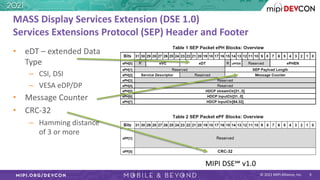 © 2021 MIPI Alliance, Inc.
MASS Display Services Extension (DSE 1.0)
Services Extensions Protocol (SEP) Header and Footer
• eDT – extended Data
Type
– CSI, DSI
– VESA eDP/DP
• Message Counter
• CRC-32
– Hamming distance
of 3 or more
MIPI DSE℠ v1.0
9
 