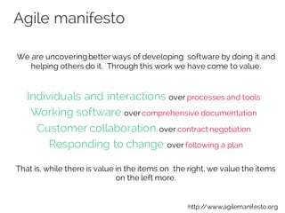 Agile manifesto
We are uncoveringbetterways of developing software by doing it and
helping others do it. Through this work we have come to value:
Individuals and interactions over processes and tools 
Working software overcomprehensive documentation 
Customer collaboration over contract negotiation 
Responding to change over following a plan
That is, while there is value in the items on the right, we value the items
on the left more.
http://www.agilemanifesto.org
 