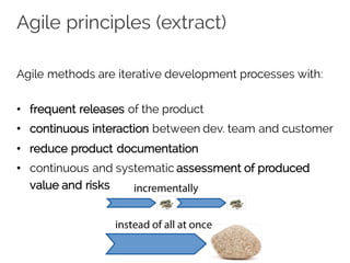 Agile principles (extract)
Agile methods are iterative development processes with:
• frequent releases of the product
• continuous interaction between dev. team and customer
• reduce product documentation
• continuous and systematic assessment of produced
value and risks
 