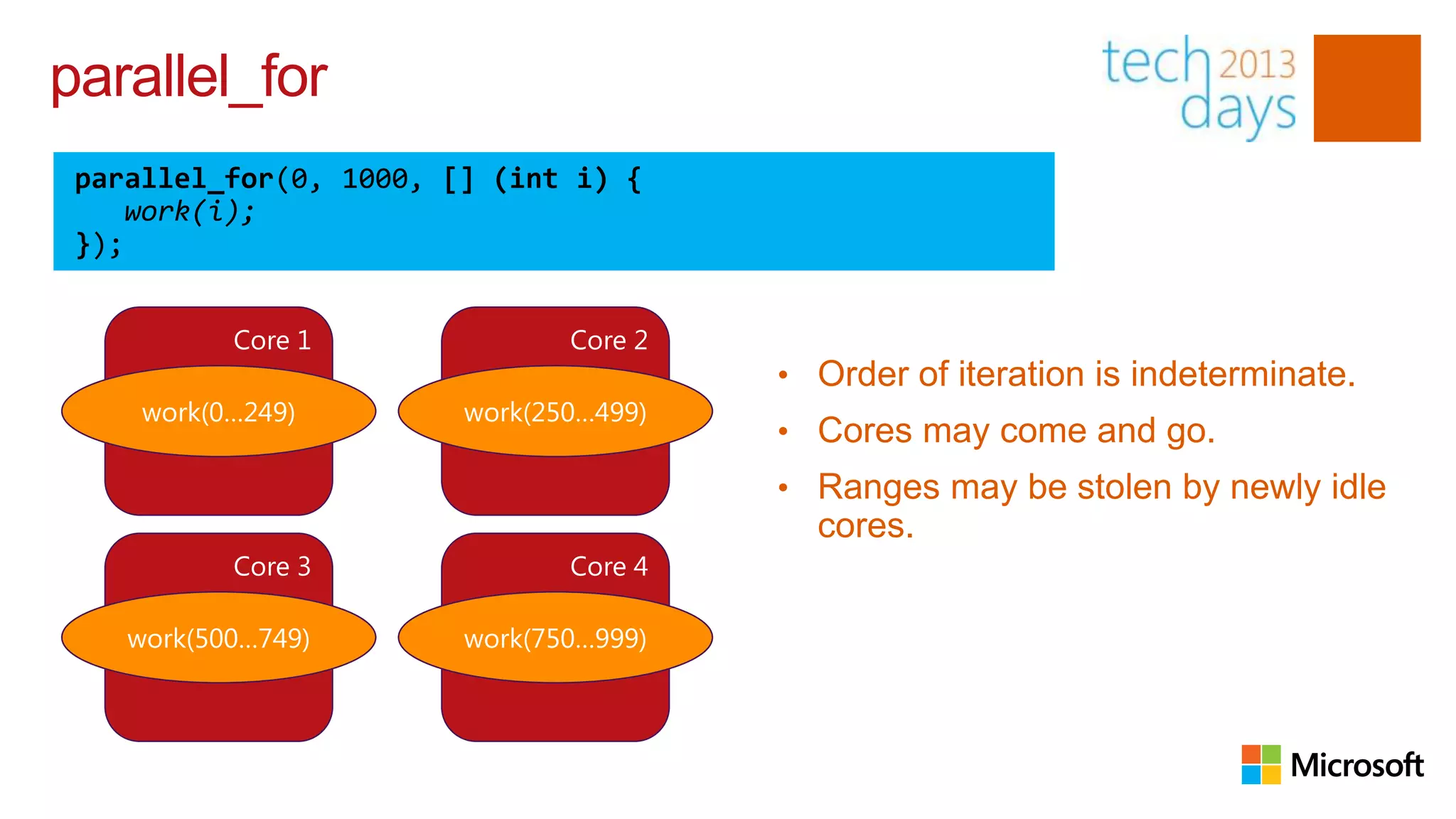 parallel_for
 parallel_for(0, 1000, [] (int i) {
     work(i);
 });


           Core 1              Core 2
                                        • Order of iteration is indeterminate.
     work(0…249)        work(250…499)
                                        • Cores may come and go.
                                        • Ranges may be stolen by newly idle
                                          cores.
           Core 3              Core 4

    work(500…749)       work(750…999)
 