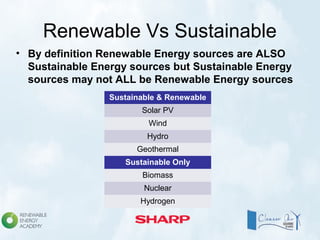 Renewable Vs Sustainable
• By definition Renewable Energy sources are ALSO
Sustainable Energy sources but Sustainable Energy
sources may not ALL be Renewable Energy sources
Sustainable & Renewable
Solar PV
Wind
Hydro
Geothermal
Sustainable Only
Biomass
Nuclear
Hydrogen
 