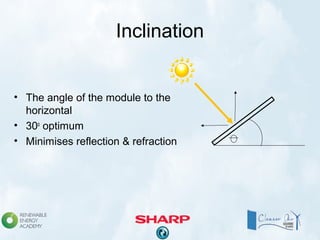Inclination
• The angle of the module to the
horizontal
• 30o
optimum
• Minimises reflection & refraction
 