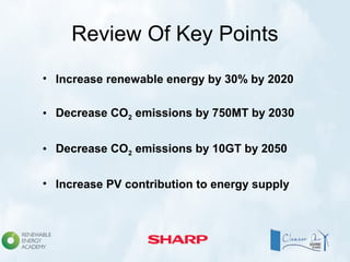 Review Of Key Points
• Increase renewable energy by 30% by 2020
• Decrease CO2 emissions by 750MT by 2030
• Decrease CO2 emissions by 10GT by 2050
• Increase PV contribution to energy supply
 