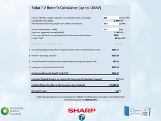 Solar PV Benefit Calculator (up to 10kW)
Current Monthly Usage (if possible use April bill to get an average) 150 units / kWh
Calculated Annual Usage 1,800 kWh
How much you currently pay per unit (kWh) of electricity 14.0 p/kWh
System Size (kilowatts Peak) 1.4 kWp
Electricity generated annually (kWh) 1,190 kWh
Percentage of electricity generated that will be consumed at home 151%
Feed In Tariff 41.3 p/kWh
Reduction in annual CO2 emissions 627 kg
A Annual income generated from the government Feed In Tariff Scheme (FITS) £491.47
B Payment to energy provider -£105.00
C Annual income from surplus electricity fed back to the grid at 3p per kWh £17.85
D Saving on your annual electricity bill £252.00
Total Annual Financial Benefit (A+B+C+D) £656.32
Estimated Payback Duration on System (Not to be used for Quotation Puposes) 9.5 Years
£16,408.00
Total Benfit Based on 25 year Life Expectancy (Less Payback) £10,188.00
£6,220.00
RoI over 25 years 162 %
Note: This calculator gives an illustration for <10kWp retrofitted grid connected systems for further
information please call 0800 061 2041
 