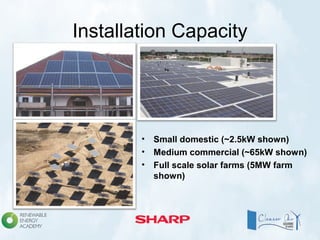 Installation Capacity
• Small domestic (~2.5kW shown)
• Medium commercial (~65kW shown)
• Full scale solar farms (5MW farm
shown)
 