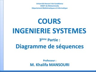 Université Hassan II de Casablanca
ENSET de Mohammedia
Département Mathématiques et Informatique
COURS
INGENIERIE SYSTEMES
3ème Partie :
Diagramme de séquences
Professeur :
M. Khalifa MANSOURI
 