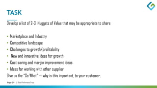 Page 29 | Global Performance Group
TASK
Develop a list of 2-3 Nuggets of Value that may be appropriate to share
• Marketplace and Industry
• Competitive landscape
• Challenges to growth/profitability
• New and innovative ideas for growth
• Cost saving and margin improvement ideas
• Ideas for working with other supplier
Give us the “So What” — why is this important, to your customer.
 