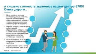 Page 33 | Global Performance Group
А сколько стоимость экзаменов вашем центре 6700?
Очень дорого…
• Цена является важным
фактором для вас, и я очень
хорошо понимаю вашу
обеспокоенность, Я надеюсь,
что мы придем к решению,
которое устроит нас обоих
• Мне бы хотелось понять лучше
работу вашей
образовательной организации,
а также понять, какие другие
вопросы или проблемы у вас
могут возникнуть при
интеграции экзаменов.
• Было бы хорошо, если бы мы
временно отложили данную
проблему
• В дополнение к цене - какие
еще возражения у вас есть?
 