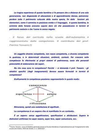 La tragica esperienza di questa bambina ci fa pensare che a distanza di una sola
generazione, non disponendo di educazione e di apprendimento idoneo, potremmo
perdere tutto il patrimonio culturale della nostra specie, fin dalle funzioni più
elementari, come il cammino in posizione eretta e il linguaggio. A questa bambina, le
scimmie della foresta avevano saputo dare ciò che possedevano in termini di
patrimonio motorio e che l’uomo le aveva negato.
. il focus del curricolo nella scuola dell’autonomia è
rappresentato dalle competenze. Il contributo del prof.
Fiorino Tessaro (4
)
Un soggetto diventa competente, non nasce competente, e diventa competente
in qualcosa, e in determinati situazioni, ambienti, contesti. Per crescere nelle
competenze fa riferimento ai propri sistemi di padronanza, ossia alle personali
potenzialità di elaborazione dei saperi.
Ma che cosa sono le competenze? Perché – si domanda il prof. Tessaro - gli
obiettivi specifici (degli insegnamenti) devono essere formulati in termini di
competenze?
Graficamente la competenza possiamo rappresentarla in questo modo:
Ritroviamo, quindi una costellazione di significati.
La competenza è un sapere che si manifesta in un contesto.
È un sapere: senza aggettivazioni, specificazioni o attribuzioni. Supera le
distinzioni artificiose tra saper essere, saper fare, saper comunicare, ecc.
4
Fiorino Tessaro, corso di Didattica generale presso la Scuola Interateneo di specializzazione per l’insegnamento nella
scuola secondaria, SSIS del Veneto, a. a. 2000/2001
c o n o s c e n z a
esperienza azione
riflessione
 