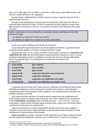 gioco con la palla, oppure che uno abbia un ruolo attivo e l'altro passivo (gioco della mamma e del
bambino o quello dell'autista e del viaggiatore).
Secondo l'autore è difficile definire la differenziazione tra il gioco cooperativo del sesto livello e
quelli del livello successivo.
Secondo la mia interpretazione si tratta di osservare attentamente quelle azioni che indicano la
reciprocità nella recitazione del ruolo, il livello di cooperazione nel gioco dipende in stretta misura
dalla competenza ad operare in relazione, si nota quindi un progresso nelle dinamiche della coppia
che gioca.
Infatti, se analizzassimo le diverse dinamiche con attenzione, possiamo individuare a livello della
relazione di coppia:
. una dinamica in coppia (dove il ruolo non cambia);
. una dinamica di coppia (dove compare una comune progettualità).
Credo essere questa la differenza più rilevante da sottolineare.
Se poi trasferissimo quest’osservazione alle attività didattiche scolastiche, la questione risulterà
ancora più evidente quando ci si riferisce a situazioni di attività a coppie.
Nei giochi del settimo livello, sempre secondo B. Tizard ed altri, le attività sono cooperative con
suddivisione dei ruoli, l'attività dei partecipanti conquista particolare importanza e peso e la stessa
importanza nella dinamica di gioco. La definizione dei ruoli viene discussa e l'insieme delle attività
ha una sua continuità logica a cui contribuiscono, in misura più o meno uguale, tutti i
partecipanti.(10
)
• primo livello gioco solitario
• secondo livello gioco parallelo
• terzo livello gioco sociale
• quarto livello cooperativo (interattivo non strutturato)
• quinto livello cooperativo strutturato
• sesto livello cooperativo con suddivisione di compiti
• settimo livello cooperativo con suddivisione di compiti e ruoli
L'importanza del lavoro fatto da B. Tizard e dai suoi collaboratori sta nel fatto che egli ha saputo
individuare un mutamento evolutivo nel processo di socializzazione del gioco, indicando questi
comportamenti come livelli di progresso nelle competenze e nei comportamenti per conseguire una
produttiva relazione con gli altri.
Nelle osservazioni fatte dall'autore c'è anche la piena consapevolezza che comportamenti di
livello superiore possono comparire anche in altre età, come il gioco solitario (noi lo continueremo
a definire individuale o personale, perché il bambino che gioca ... non è mai solo [...]) che può
senza dubbio comparire anche in bambini superiori all'anno d'età, e questo non è da ritenersi affatto
un indicatore di regressione nel comportamento.
Tuttavia l'osservazione dei livelli di socializzazione del gioco osservati da questo gruppo di
ricercatori se ha il merito di aver saputo individuare alcune dinamiche sociali non descrive in modo
soddisfacente le funzioni del gioco nell'evoluzione.
Il gioco esercizio, per esempio, analizzato in modo significativo da J. Piaget, costituisce la prima
forma di esplorazione organizzata e orientata verso la socializzazione. L'autore aveva compreso
10 Sintesi rielaborata delle tappe evolutive del gioco secondo B. Tizard ed altri.
(B.Tizard, J.Philips, J.Plewis, "Play in pre school centres" Journal of Child Psycology, Vol.17, 4 ott.1976).
 