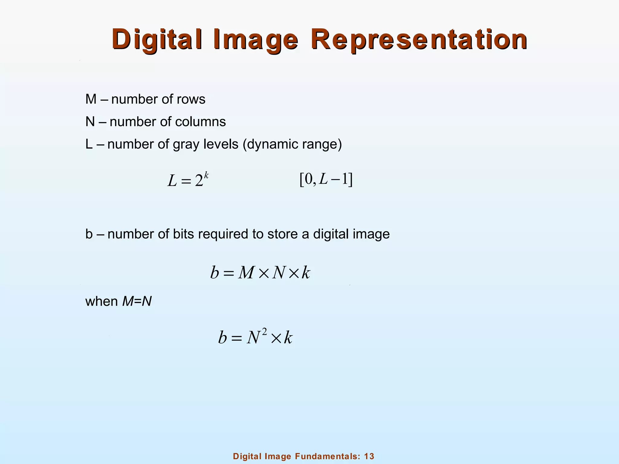 Digital Image Fundamentals: 13
Digital Image RepresentationDigital Image Representation
M – number of rows
N – number of columns
L – number of gray levels (dynamic range)
b – number of bits required to store a digital image
when M=N
2k
L = [0, 1]L −
b M N k= × ×
2
b N k= ×
 