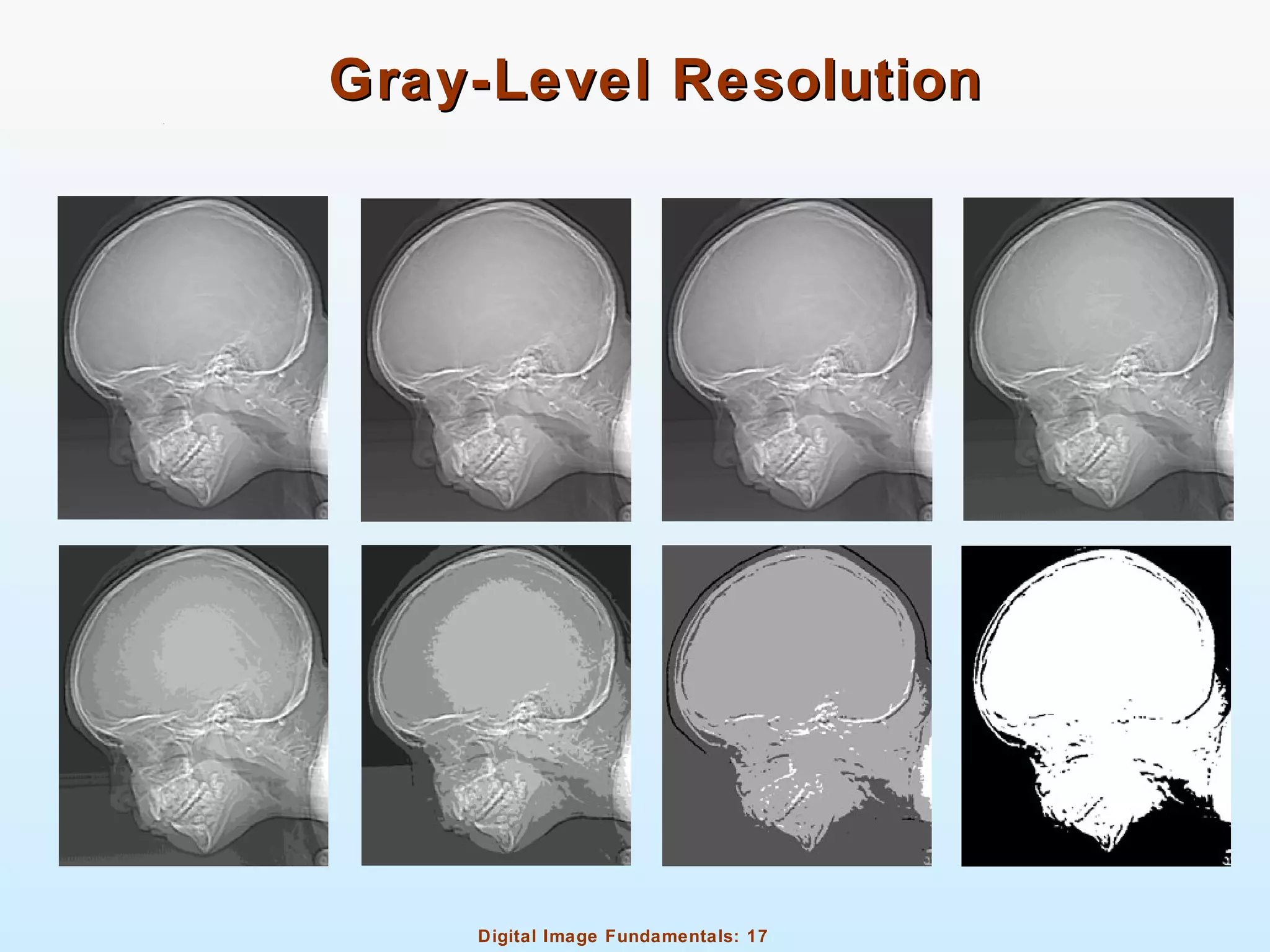 Digital Image Fundamentals: 17
Gray-Level ResolutionGray-Level Resolution
 