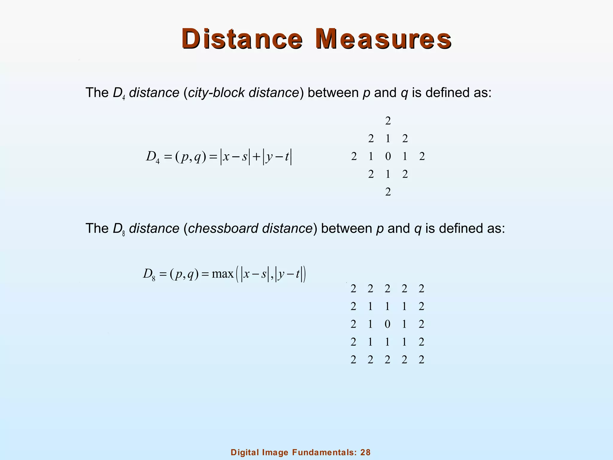 Digital Image Fundamentals: 28
Distance MeasuresDistance Measures
The D4 distance (city-block distance) between p and q is defined as:
The D8 distance (chessboard distance) between p and q is defined as:
4 ( , )D p q x s y t= = − + −
2
2 1 2
2 1 0 1 2
2 1 2
2
( )8 ( , ) max ,D p q x s y t= = − −
2 2 2 2 2
2 1 1 1 2
2 1 0 1 2
2 1 1 1 2
2 2 2 2 2
 