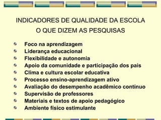 INDICADORES DE QUALIDADE DA ESCOLA O QUE DIZEM AS PESQUISAS Foco na aprendizagem Liderança educacional Flexibilidade e autonomia Apoio da comunidade e participação dos pais Clima e cultura escolar educativa Processo ensino-aprendizagem ativo Avaliação do desempenho acadêmico contínuo Supervisão de professores Materiais e textos de apoio pedagógico Ambiente físico estimulante 