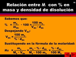 18
18
Relación entre M con % en
masa y densidad de disolución
Sabemos que:
ms 100 ms
% = —— · 100 = ————
mdn Vdn · ddn
Des...